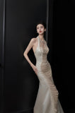 Niulatu Mermaid Halter Sleeveless White Satin Wedding Dresses With Pearls HZ1110