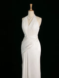 Niulatu Sheath Halter Sleeveless White Satin Wedding Dresses With Ruffles HZ1110