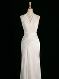 Niulatu Sheath Halter Sleeveless White Satin Wedding Dresses With Ruffles HZ1110