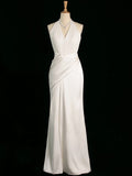Niulatu Sheath Halter Sleeveless White Satin Wedding Dresses With Ruffles HZ1110