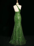 Niulatu Sheath One Shoulder Green Sequin Prom Dresses Party Evening Dress With Beads HZ1110