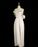 Niulatu Sheath Strapless Sleeveless Ivory Satin Wedding Dresses With Flowers HZ1110