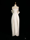 Niulatu Sheath Strapless Sleeveless Ivory Satin Wedding Dresses With Flowers HZ1110
