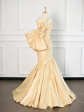 Niulatu Mermaid One Shoulder Yellow Satin Long Prom Dresses Party Evening Dress With Bow HZ1110