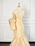 Niulatu Mermaid One Shoulder Yellow Satin Long Prom Dresses Party Evening Dress With Bow HZ1110
