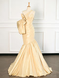 Niulatu Mermaid One Shoulder Yellow Satin Long Prom Dresses Party Evening Dress With Bow HZ1110