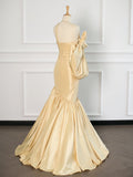 Niulatu Mermaid One Shoulder Yellow Satin Long Prom Dresses Party Evening Dress With Bow HZ1110