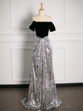 Niulatu A Line Off The Shoulder Sequin Prom Dresses Party Evening Dress With Ruffles HZ1110