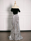 Niulatu A Line Off The Shoulder Sequin Prom Dresses Party Evening Dress With Ruffles HZ1110