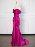 Niulatu Mermaid Off The Shoulder Hot Pink Satin Prom Dresses Party Evening Dress With Ruffles HZ1110