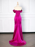 Niulatu Mermaid Off The Shoulder Hot Pink Satin Prom Dresses Party Evening Dress With Ruffles HZ1110