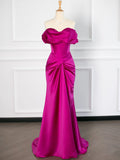 Niulatu Mermaid Off The Shoulder Hot Pink Satin Prom Dresses Party Evening Dress With Ruffles HZ1110