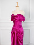 Niulatu Mermaid Off The Shoulder Hot Pink Satin Prom Dresses Party Evening Dress With Ruffles HZ1110