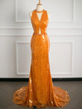 Niulatu Mermaid Scoop Neckline Orange Sequin Prom Dresses Party Evening Dress With Beads HZ1110
