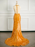 Niulatu Mermaid Scoop Neckline Orange Sequin Prom Dresses Party Evening Dress With Beads HZ1110