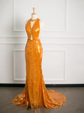 Niulatu Mermaid Scoop Neckline Orange Sequin Prom Dresses Party Evening Dress With Beads HZ1110