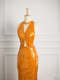 Niulatu Mermaid Scoop Neckline Orange Sequin Prom Dresses Party Evening Dress With Beads HZ1110