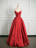 Niulatu Ball Gown Spaghetti Straps Red Satin Prom Dresses Party Evening Dress HZ1110