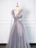 Niulatu A Line Spaghetti Straps Tulle Gray Prom Dresses Party Evening Dress HZ1110