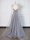 Niulatu A Line Spaghetti Straps Tulle Gray Prom Dresses Party Evening Dress HZ1110