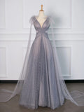Niulatu A Line Spaghetti Straps Tulle Gray Prom Dresses Party Evening Dress HZ1110
