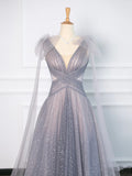 Niulatu A Line Spaghetti Straps Tulle Gray Prom Dresses Party Evening Dress HZ1110