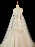 Niulatu Mermaid Off The Shoulder Tulle Champagne Wedding Dresses With Pearls HZ1110
