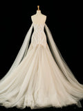 Niulatu Mermaid Off The Shoulder Tulle Champagne Wedding Dresses With Pearls HZ1110