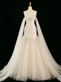 Niulatu Mermaid Off The Shoulder Tulle Champagne Wedding Dresses With Pearls HZ1110