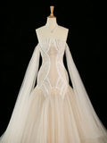 Niulatu Mermaid Off The Shoulder Tulle Champagne Wedding Dresses With Pearls HZ1110