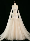 Niulatu Mermaid Off The Shoulder Tulle Champagne Wedding Dresses With Pearls HZ1110