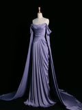 Niulatu A Line Off The Shoulder Grape Satin Long Prom Dresses Party Evening Dress HZ1110