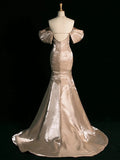 Niulatu Mermaid Off The Shoulder Satin Long Champagne Prom Dresses Party Evening Dress HZ1110