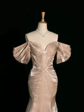 Niulatu Mermaid Off The Shoulder Satin Long Champagne Prom Dresses Party Evening Dress HZ1110