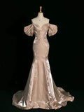 Niulatu Mermaid Off The Shoulder Satin Long Champagne Prom Dresses Party Evening Dress HZ1110