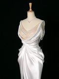 Niulatu Mermaid Jewel Neckline White Satin Slit Wedding Dresses With Pearls HZ1110