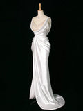Niulatu Mermaid Jewel Neckline White Satin Slit Wedding Dresses With Pearls HZ1110