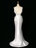 Niulatu Mermaid Jewel Neckline White Satin Slit Wedding Dresses With Pearls HZ1110