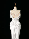 Niulatu Mermaid Jewel Neckline White Satin Slit Wedding Dresses With Pearls HZ1110