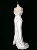 Niulatu Mermaid Jewel Neckline White Satin Slit Wedding Dresses With Pearls HZ1110