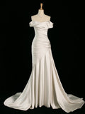 Niulatu Mermaid Off The Shoulder Ivory Satin Wedding Dresses With Ruffles HZ1110