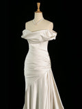 Niulatu Mermaid Off The Shoulder Ivory Satin Wedding Dresses With Ruffles HZ1110