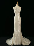 Niulatu Mermaid Halter Sequin Long Prom Dresses Party backless Evening Dress HZ1110