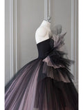 Niulatu Ball Gown Strapless Black Tulle Long Prom Dresses Party Gown Evening Dress HZ1110