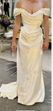 Niulatu Sheath Off The Shoulder White Satin Long Prom Dresses Party Evening Dress HZ1110