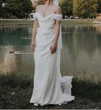 Niulatu Sheath Off The Shoulder White Satin Long Prom Dresses Party Evening Dress HZ1110