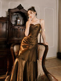 Niulatu Mermaid Spaghetti Straps Brown Long Prom Dresses Party Evening Dress HZ1110