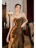 Niulatu Mermaid Spaghetti Straps Brown Long Prom Dresses Party Evening Dress HZ1110
