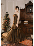 Niulatu Mermaid Spaghetti Straps Brown Long Prom Dresses Party Evening Dress HZ1110