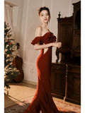 Niulatu Mermaid Off The Shoulder Burgundy Satin Long Prom Dresses Party Evening Dress HZ1110